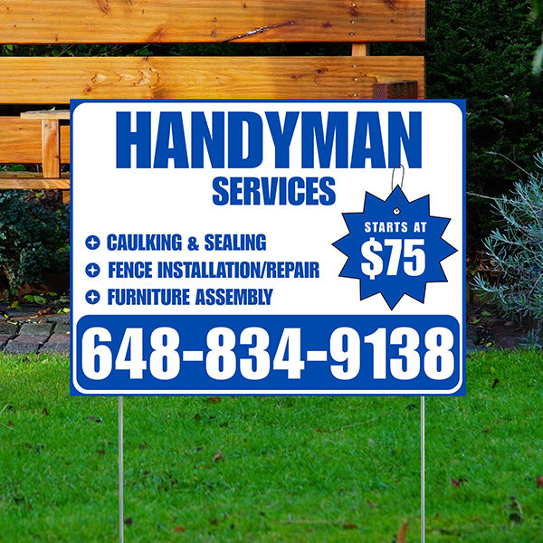 Handyman Services - Caulking & Sealing, Fence Installation, Furniture Assembly - Plain White Blue Design - YardSigns.com