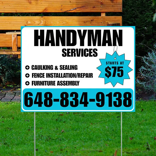 Handyman Services - Caulking & Sealing, Fence Installation, Furniture Assembly - Plain White Aqua Blue Design YardSigns.com