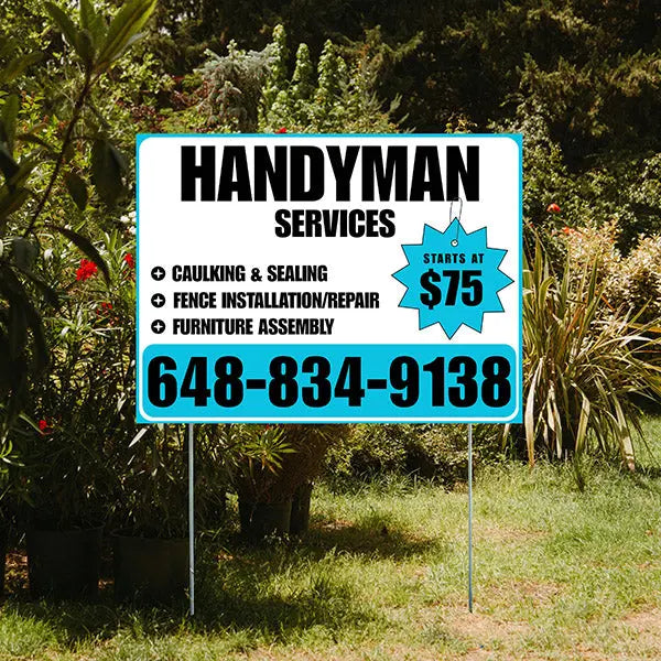 Handyman Services - Caulking & Sealing, Fence Installation, Furniture Assembly - Plain White Aqua Blue Design YardSigns.com