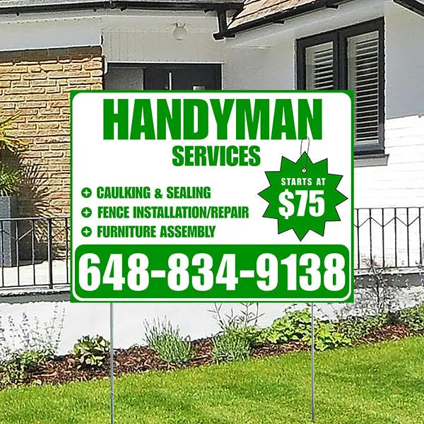 Handyman Services - Caulking & Sealing, Fence Installation, Furniture Assembly - Plain Green White Design YardSigns.com