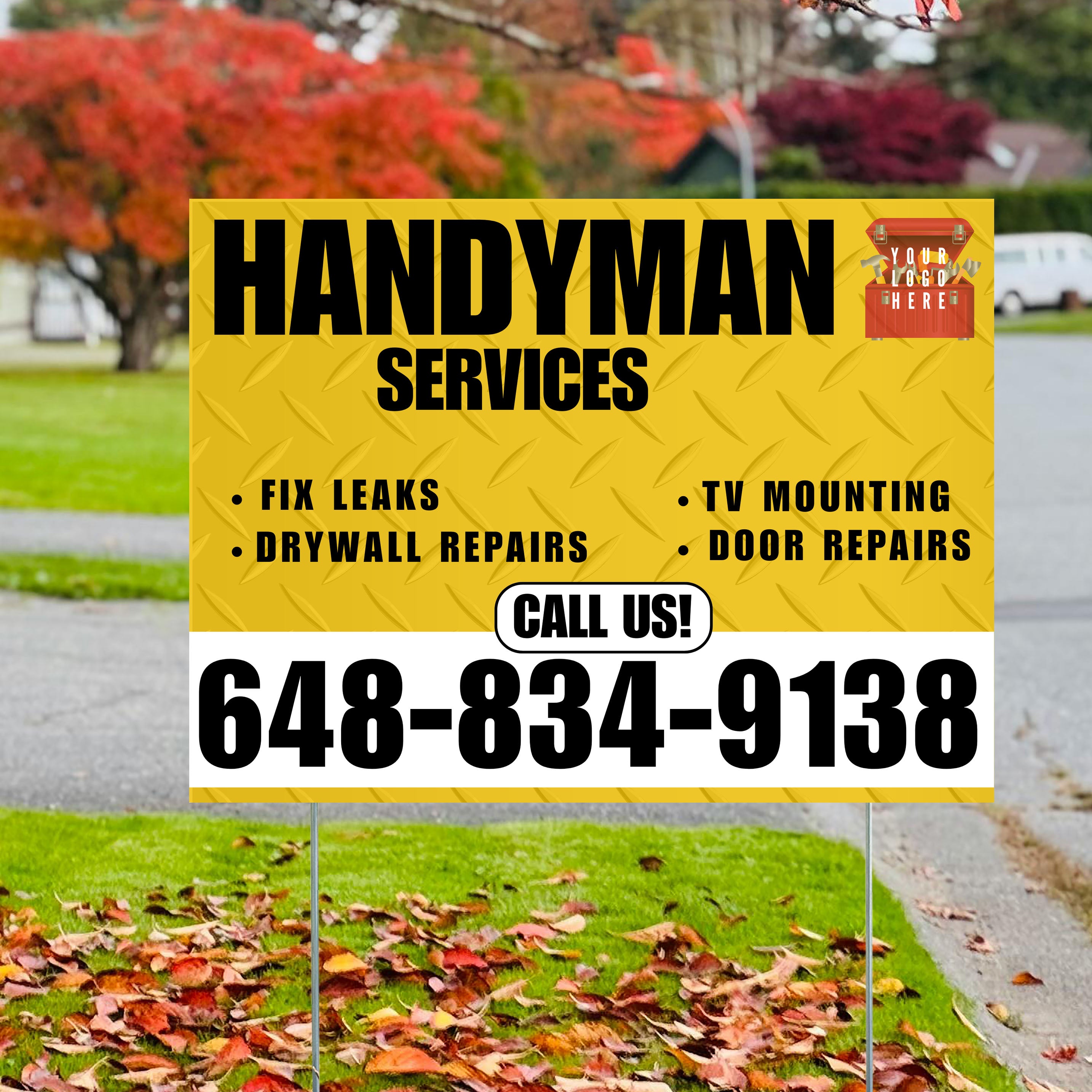 Handyman Signs - Fix Leaks, Tv Mounting, Drywall Repair, Door Repairs - Steel Mustard Gold White with Logo Design - YardSigns.com