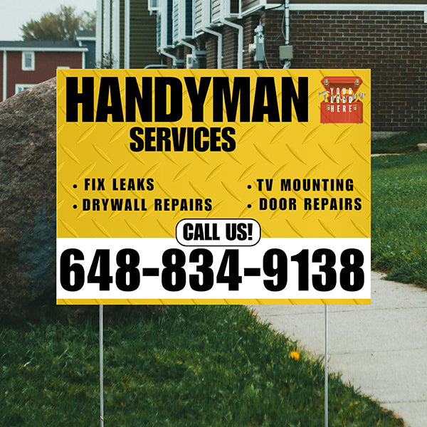 Handyman Signs - Fix Leaks, Tv Mounting, Drywall Repair, Door Repairs - Steel Mustard Gold White with Logo Design - YardSigns.com