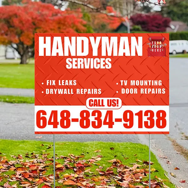 Handyman Signs - Fix Leaks, Tv Mounting, Drywall Repair, Door Repairs - Steel White Chili Red with Logo Design YardSigns.com