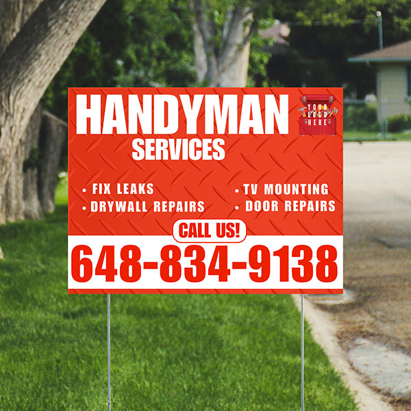 Handyman Signs - Fix Leaks, Tv Mounting, Drywall Repair, Door Repairs - Steel Chili Red White with Logo Design - YardSigns.com