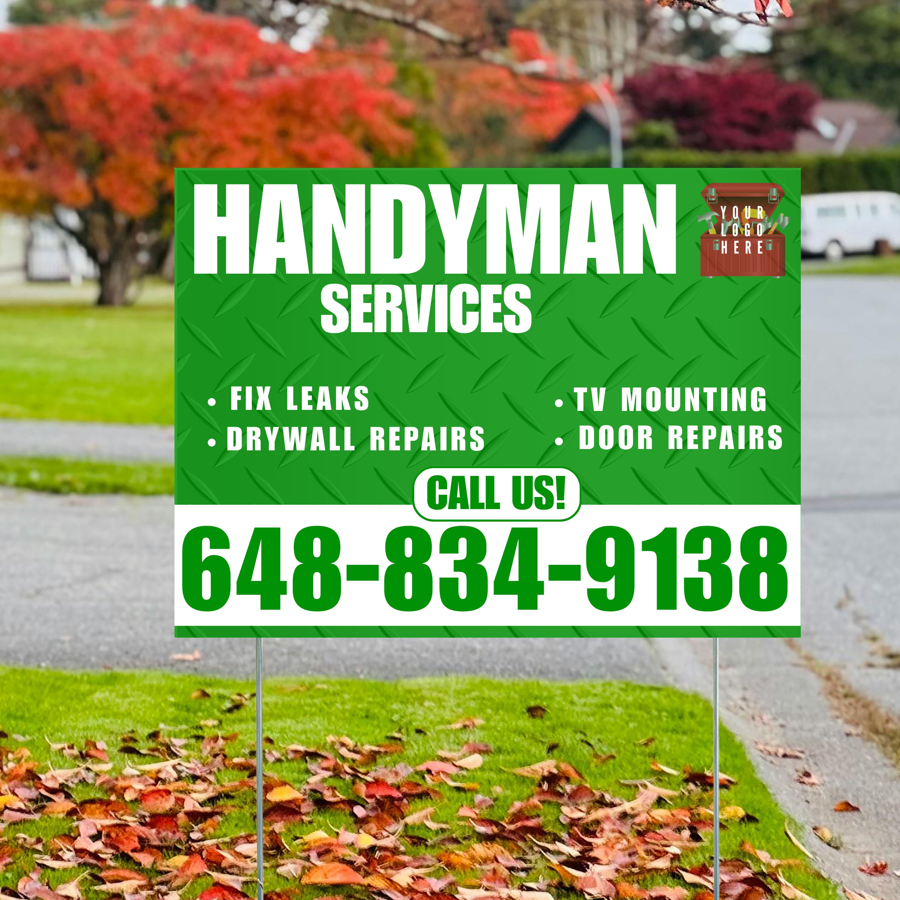 Handyman Signs - Fix Leaks, Tv Mounting, Drywall Repair, Door Repairs - Steel Green White with Logo Design - YardSigns.com