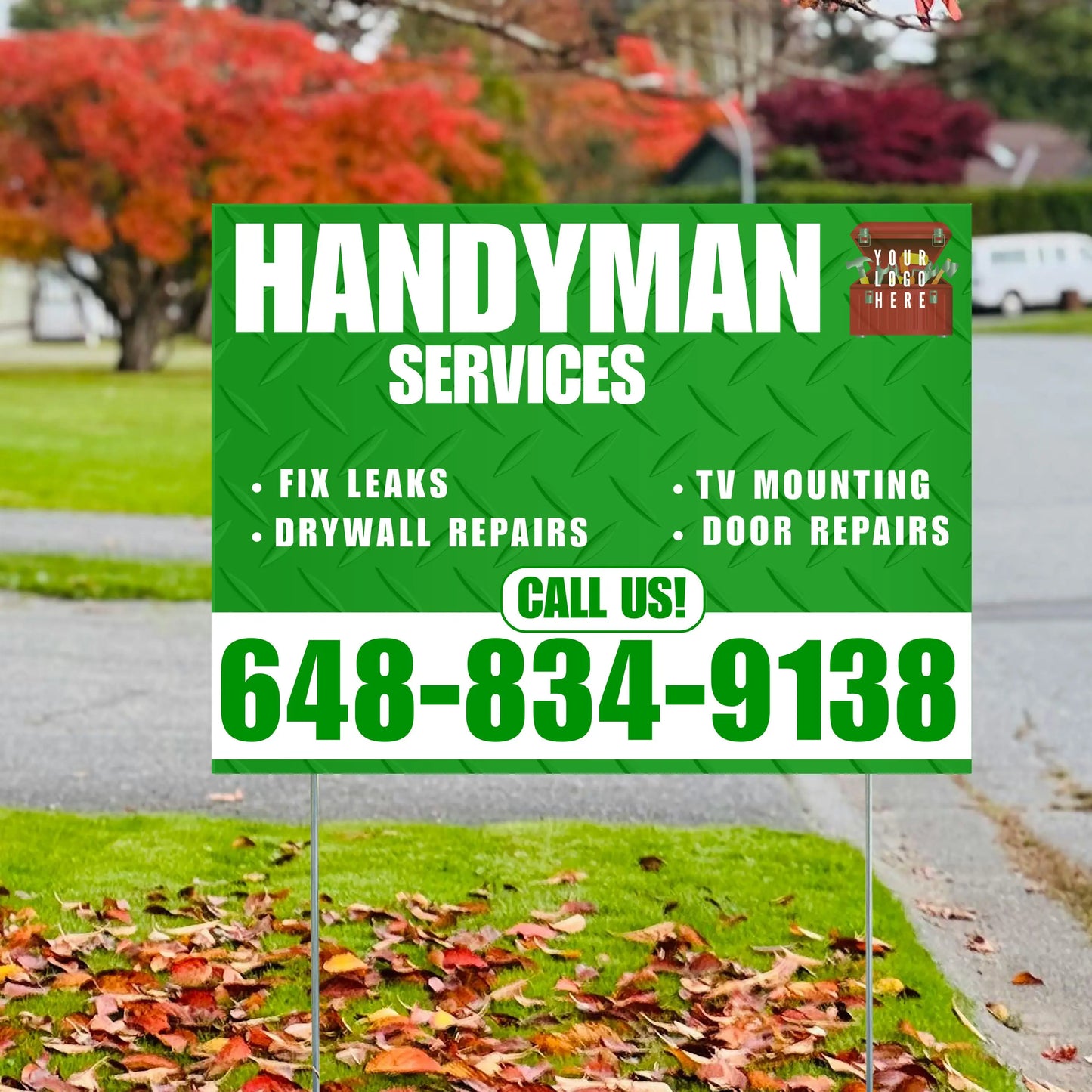 Handyman Signs - Fix Leaks, Tv Mounting, Drywall Repair, Door Repairs - Steel Green White with Logo Design YardSigns.com