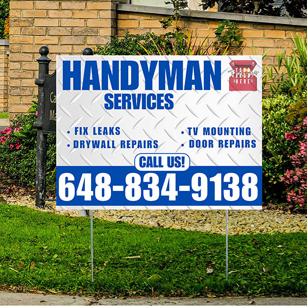 Handyman Signs - Fix Leaks, Tv Mounting, Drywall Repair, Door Repairs - Steel White Blue with Logo Design - YardSigns.com