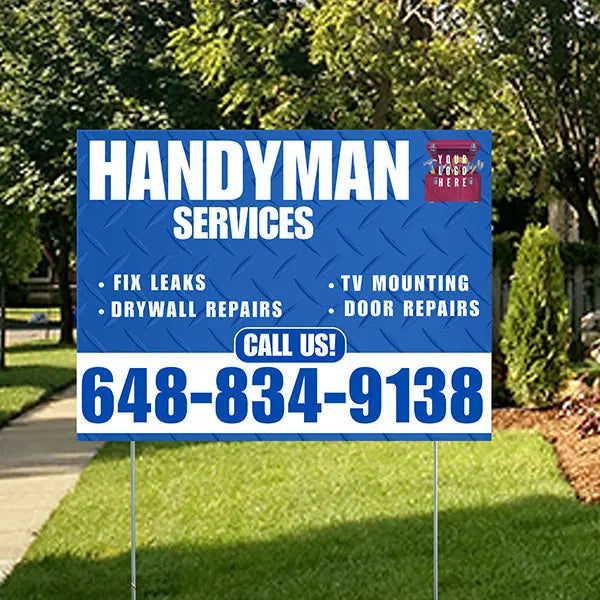 Handyman Signs - Fix Leaks, Tv Mounting, Drywall Repair, Door Repairs - Steel Blue White with Logo Design YardSigns.com