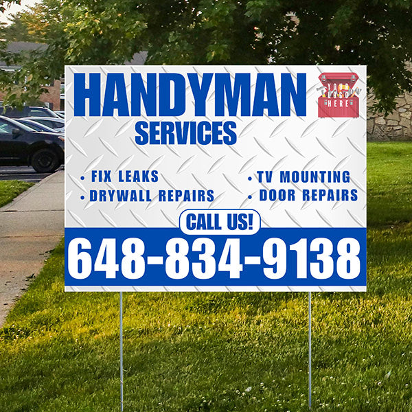 Handyman Signs - Fix Leaks, Tv Mounting, Drywall Repair, Door Repairs - Steel White Blue with Logo Design - YardSigns.com