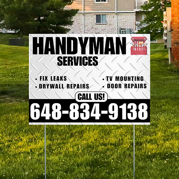 Handyman Signs - Fix Leaks, Tv Mounting, Drywall Repair, Door Repairs - Steel White Black with Logo Design - YardSigns.com