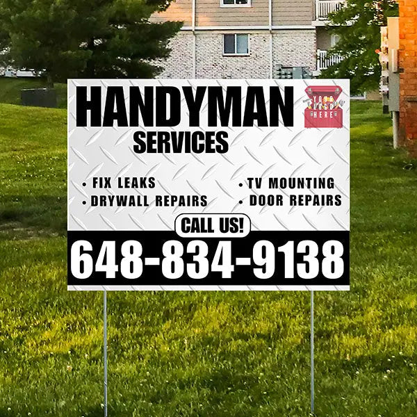 Handyman Signs - Fix Leaks, Tv Mounting, Drywall Repair, Door Repairs - Steel White Black with Logo Design YardSigns.com