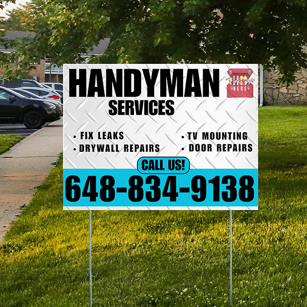 Handyman Signs - Fix Leaks, Tv Mounting, Drywall Repair, Door Repairs - Steel White Aqua Blue with Logo Design - YardSigns.com