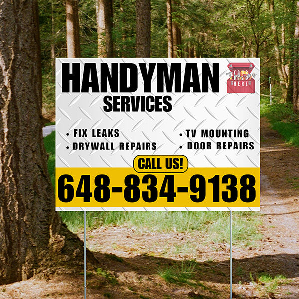 Handyman Signs - Fix Leaks, Tv Mounting, Drywall Repair, Door Repairs - Steel White Mustard Gold with Logo Design - YardSigns.com