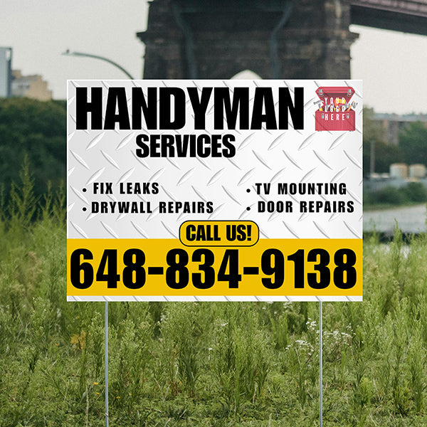 Handyman Signs - Fix Leaks, Tv Mounting, Drywall Repair, Door Repairs - Steel White Mustard Gold with Logo Design - YardSigns.com