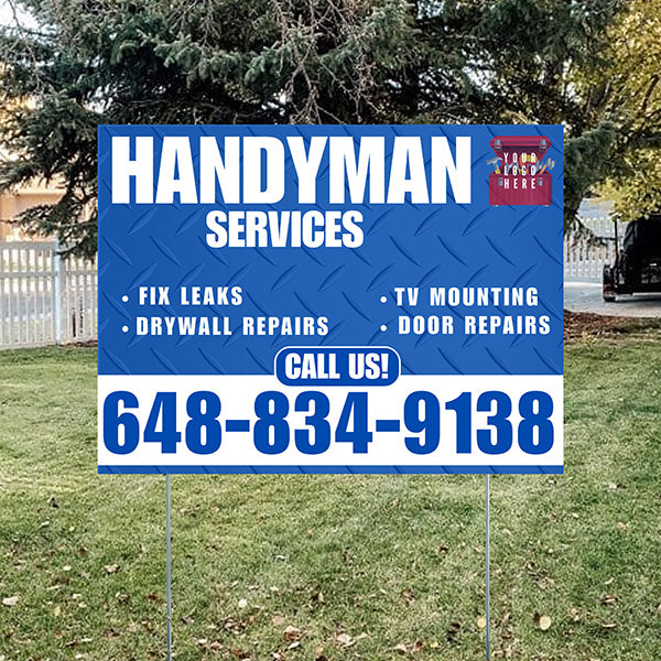 Handyman Signs - Fix Leaks, Tv Mounting, Drywall Repair, Door Repairs - Steel Blue White with Logo Design - YardSigns.com
