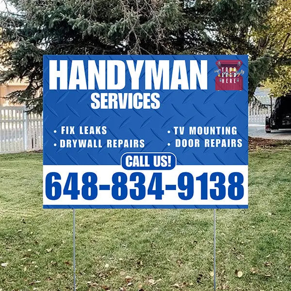 Handyman Signs - Fix Leaks, Tv Mounting, Drywall Repair, Door Repairs - Steel Blue White with Logo Design YardSigns.com