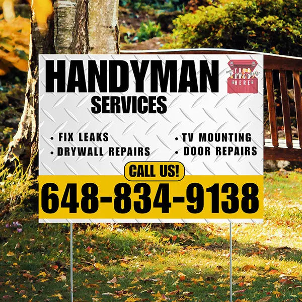 Handyman Signs - Fix Leaks, Tv Mounting, Drywall Repair, Door Repairs - Steel White Mustard Gold with Logo Design YardSigns.com