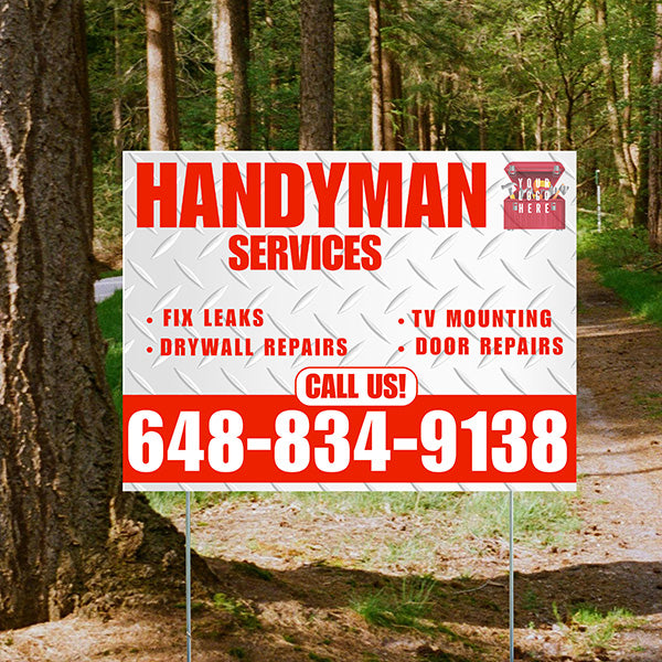 Handyman Signs - Fix Leaks, Tv Mounting, Drywall Repair, Door Repairs - Steel White Chili Red with Logo Design - YardSigns.com
