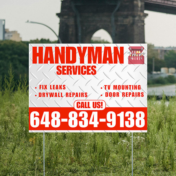 Handyman Signs - Fix Leaks, Tv Mounting, Drywall Repair, Door Repairs - Steel White Chili Red with Logo Design - YardSigns.com