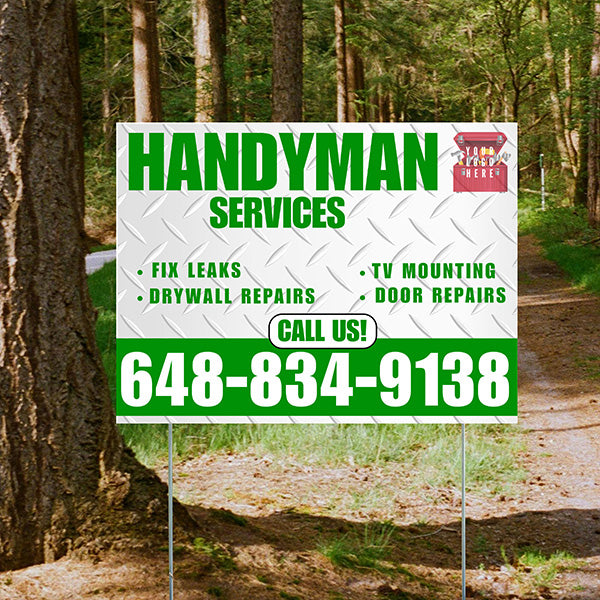 Handyman Signs - Fix Leaks, Tv Mounting, Drywall Repair, Door Repairs - Steel White Green with Logo Design - YardSigns.com