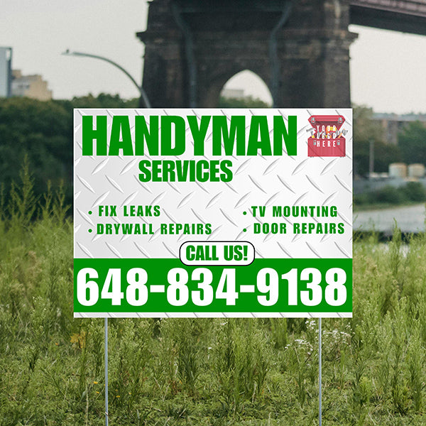 Handyman Signs - Fix Leaks, Tv Mounting, Drywall Repair, Door Repairs - Steel White Green with Logo Design - YardSigns.com