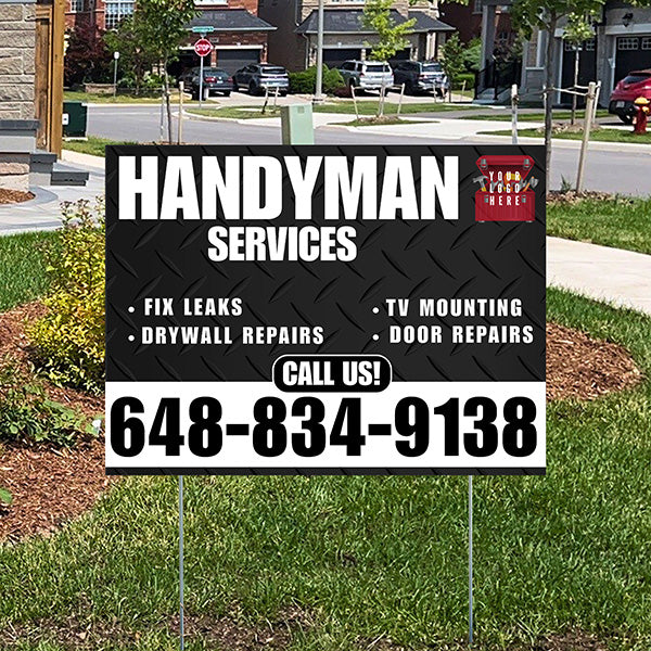 Handyman Signs - Fix Leaks, Tv Mounting, Drywall Repair, Door Repairs - Steel Black White with Logo Design - YardSigns.com
