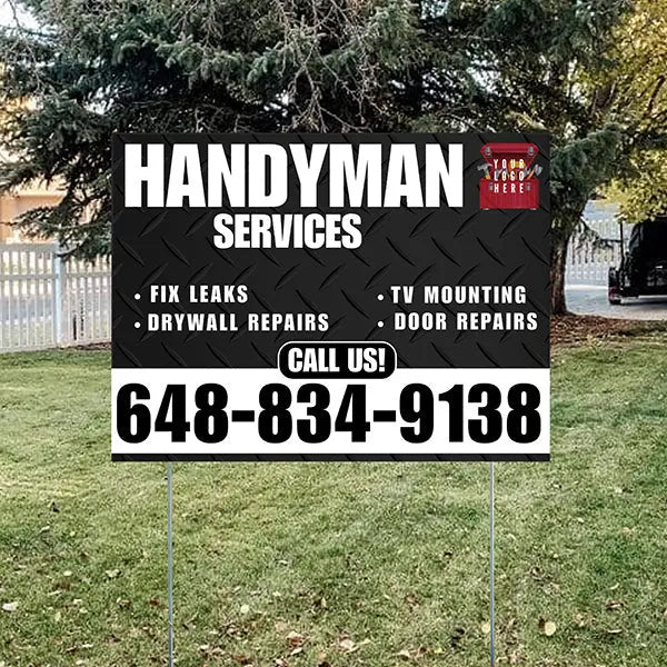 Handyman Signs - Fix Leaks, Tv Mounting, Drywall Repair, Door Repairs - Steel Black White with Logo Design YardSigns.com
