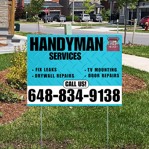 Handyman Signs - Fix Leaks, Tv Mounting, Drywall Repair, Door Repairs - Steel Aqua Blue White with Logo Design - YardSigns.com