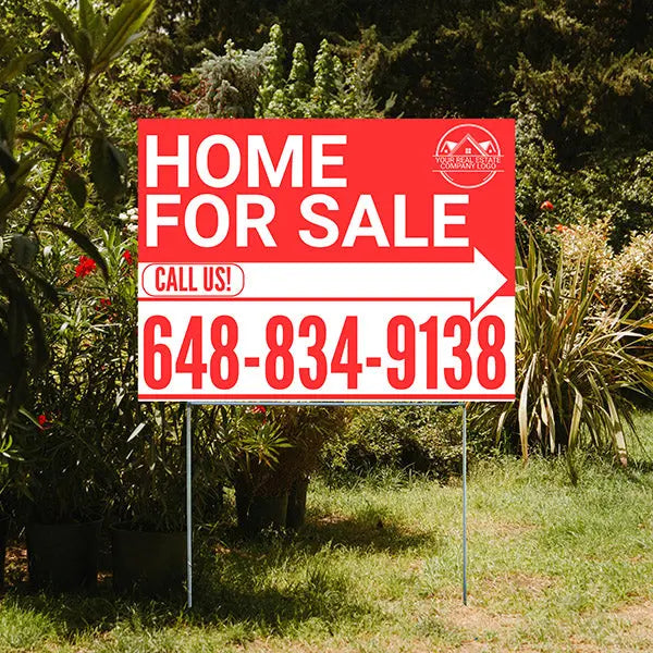 Home Sale Yard Sign - Plain Red White - Right Arrow with Logo Design YardSigns.com