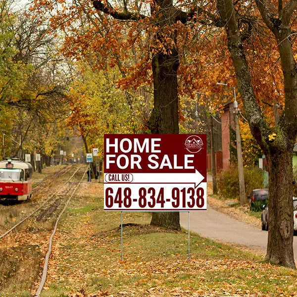 Home Sale Yard Sign - Plain Strong Maroon White - Right Arrow with Logo Design YardSigns.com