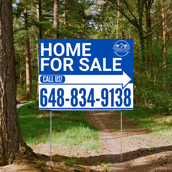 Home Sale Yard Sign - Plain Black White - Right Arrow with Logo Design - YardSigns.com