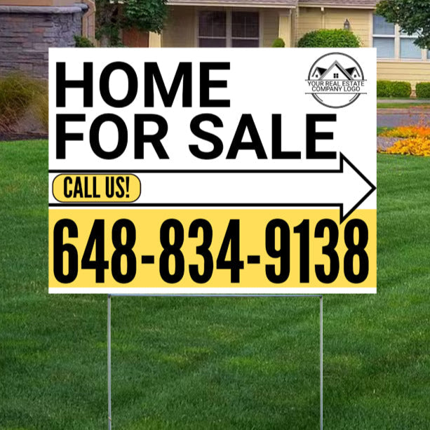 Home Sale Yard Sign - Plain White Yellow Mustard - Right Arrow with Logo Design - YardSigns.com