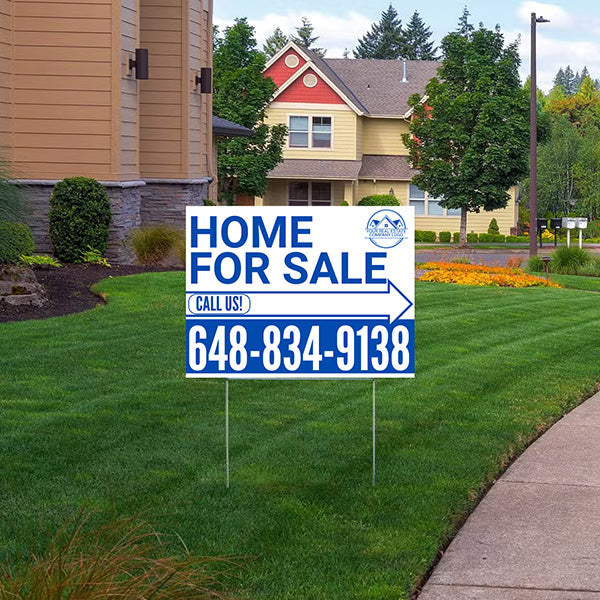 Home Sale Yard Sign - Plain White Blue - Right Arrow with Logo Design - YardSigns.com