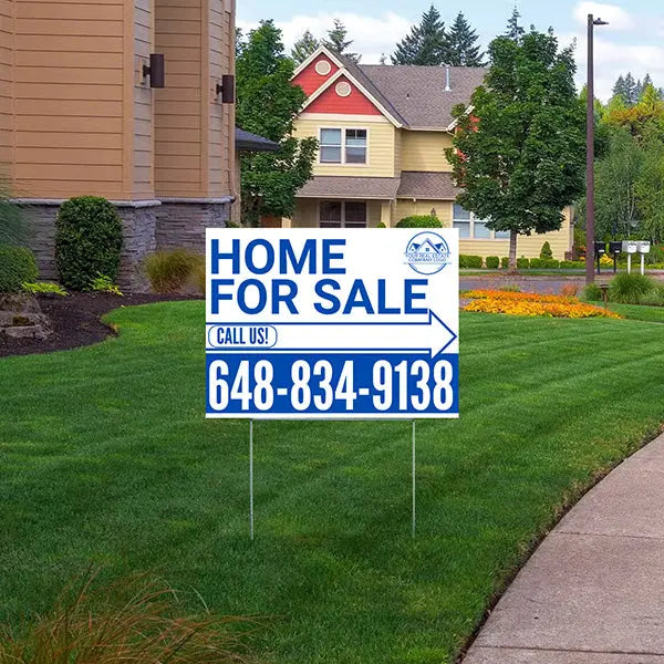 Home Sale Yard Sign - Plain White Blue - Right Arrow with Logo Design YardSigns.com