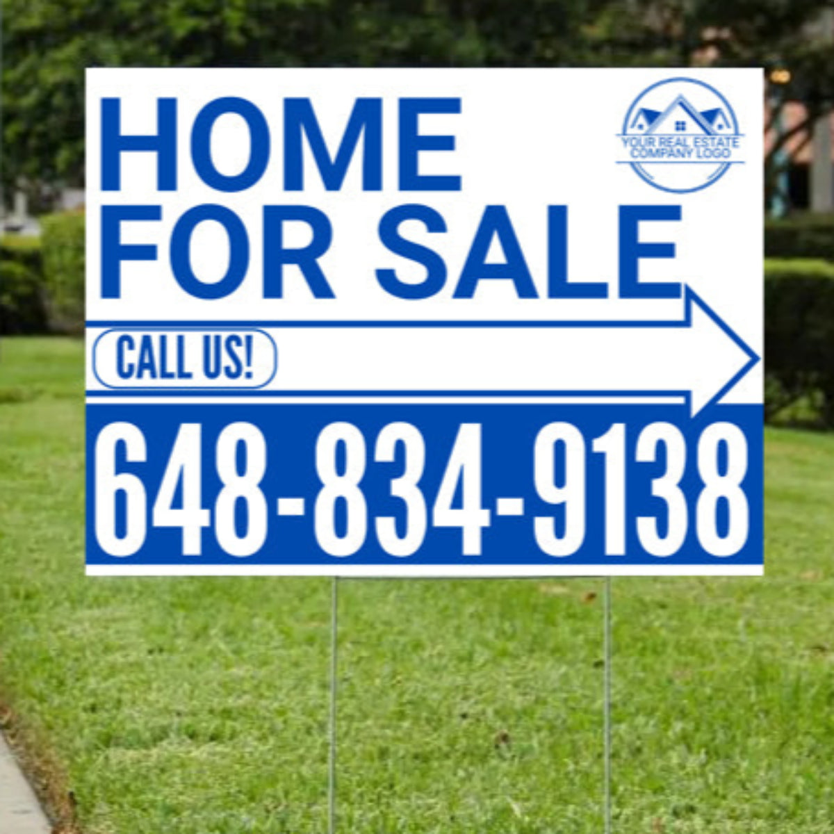 Home Sale Yard Sign - Plain White Blue - Right Arrow with Logo Design - YardSigns.com
