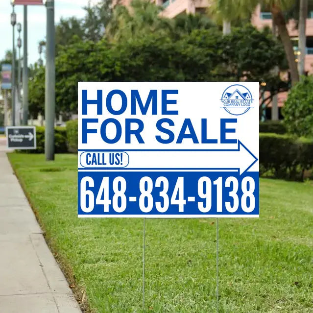 Home Sale Yard Sign - Plain White Blue - Right Arrow with Logo Design YardSigns.com