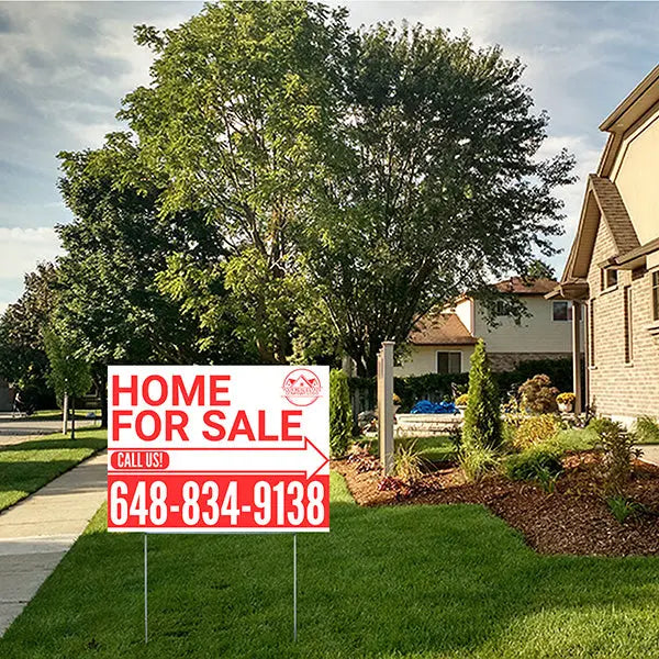 Home Sale Yard Sign - Plain White Red - Right Arrow with Logo Design YardSigns.com