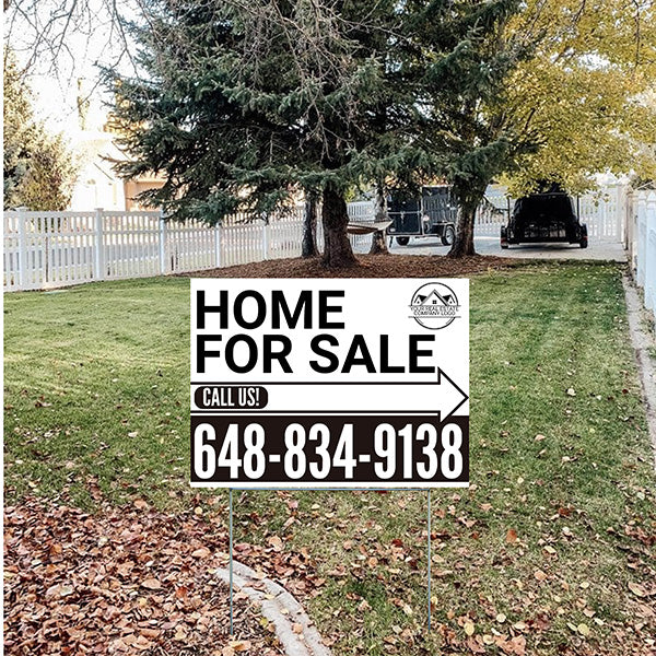 Home Sale Yard Sign - Plain White Black - Right Arrow with Logo Design - YardSigns.com