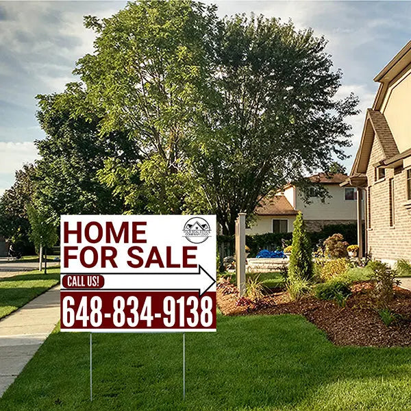 Home Sale Yard Sign - Plain White Strong Maroon - Right Arrow with Logo Design YardSigns.com