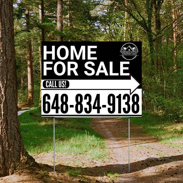 Home Sale Yard Sign - Plain Black White - Right Arrow with Logo Design - YardSigns.com