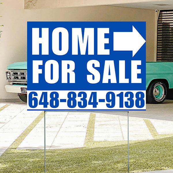 Home Sale Yard Sign - Plain Blue White - Right Arrow Design - YardSigns.com
