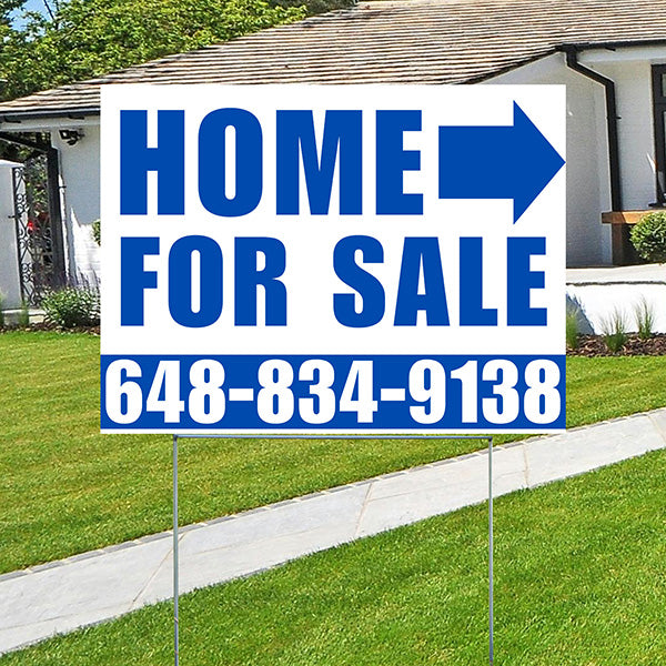 Home Sale Yard Sign - Plain White Blue - Right Arrow Design - YardSigns.com