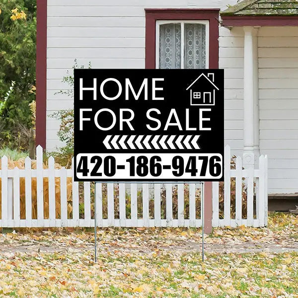 Home Sale Yard Sign - Plain Black White - Left Arrow Design YardSigns.com