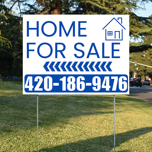 Home Sale Yard Sign - Plain White Blue - Left Arrow Design - YardSigns.com