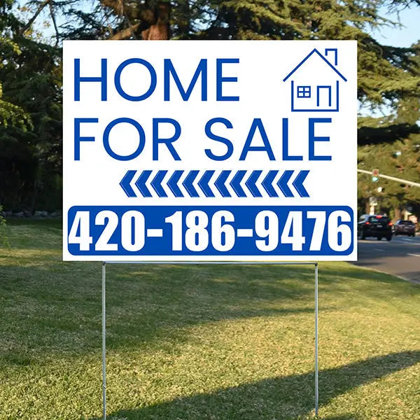 Home Sale Yard Sign - Plain Blue White - Left Arrow Design YardSigns.com