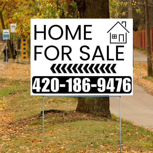 Home Sale Yard Sign - Plain White Black - Left Arrow Design - YardSigns.com