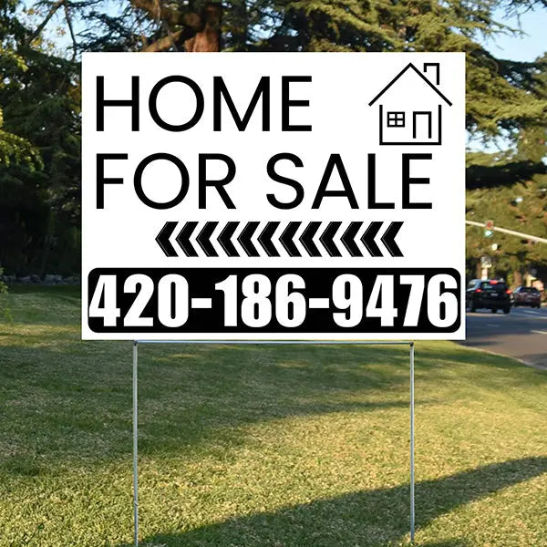 Home Sale Yard Sign - Plain White Black - Left Arrow Design YardSigns.com