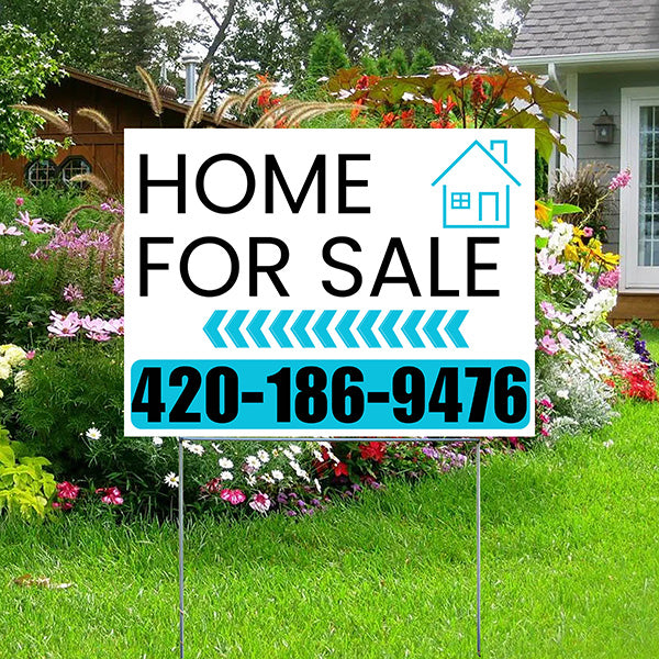 Home Sale Yard Sign - Plain White Aqua Blue - Left Arrow Design - YardSigns.com