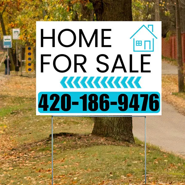 Home Sale Yard Sign - Plain White Aqua Blue - Left Arrow Design YardSigns.com