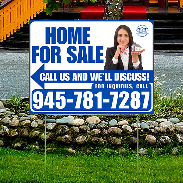 Home For Sale - Arrow with Realtor Image and Logo - Plain Blue White Design - YardSigns.com